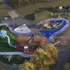 Till synes svävande i mitten av lekplatsen finns en stor luftballong som för tankarna till klassiska upptäcktsfärder. Visionsbild: Kompan