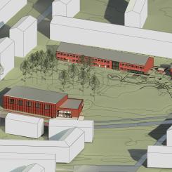 Vid Språkskolan ska en ny idrottshall byggas. Illustrationen visar en möjlig utformning. Illustration: White arkitekter.