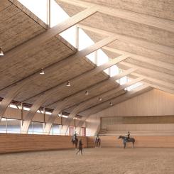 Den nya ridanläggningen i Romme blir till övervägande del en träkonstruktion i enlighet med Borlänge kommuns träbyggnadsstrategi. Bild: Bygg Partner Dalarna