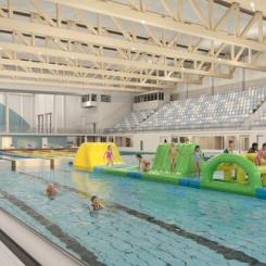 I det nya badhuset på Rosenlund är det tänkt att 50-metersbassängen ska vara flexibel för leksugna barn, motionärer och föreningsaktiva. Foto: Jönköping kommun