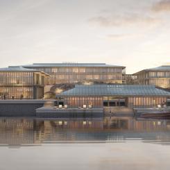 Skarholmen från vattnet, morgon. Ilustration: Krook & Tjäder.