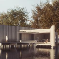 Det planerade kallbadhuset sett från sydväst, från Växjösjön. Bild: Växjö kommun / Arkitektbolaget