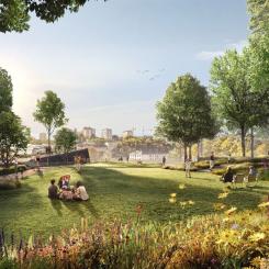 Visionsbild över den nya parken. Fotograf: White Arkitekter
